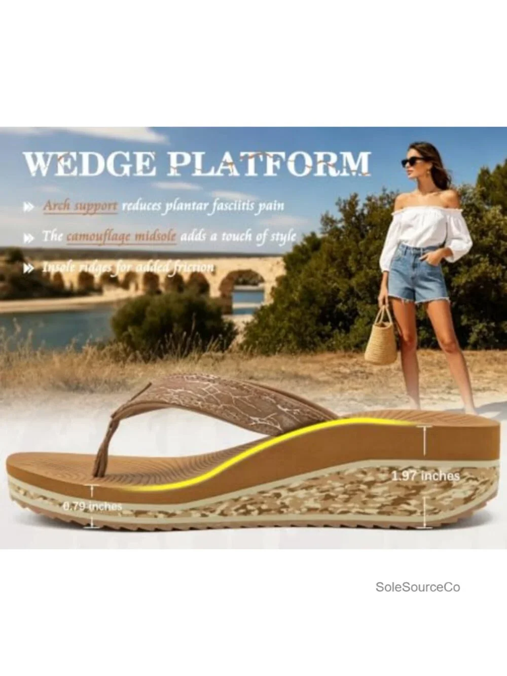 Platform Wedge Sandals Arch Support Flip Flop Faux Leather Boho Summer